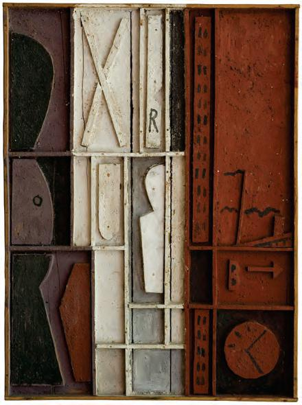 Constructive artwork with symbolic compartments in earth tones